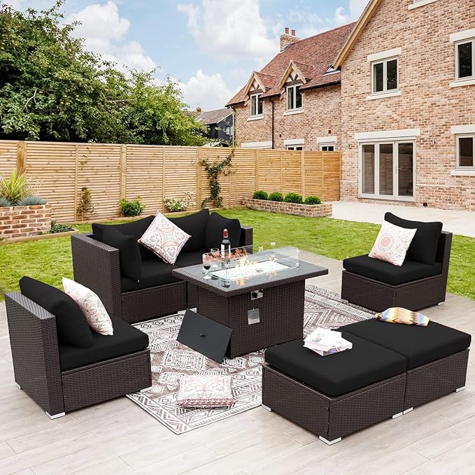 NICESOUL 29.3'' High Back Patio Set with Firepit Propane & Natural Gas, 7 Piece Oversized Large Wicker Outdoor Sectional Couche Sets, Heavy Duty Backyard Furniture, Brown Rattan and Black Cushion