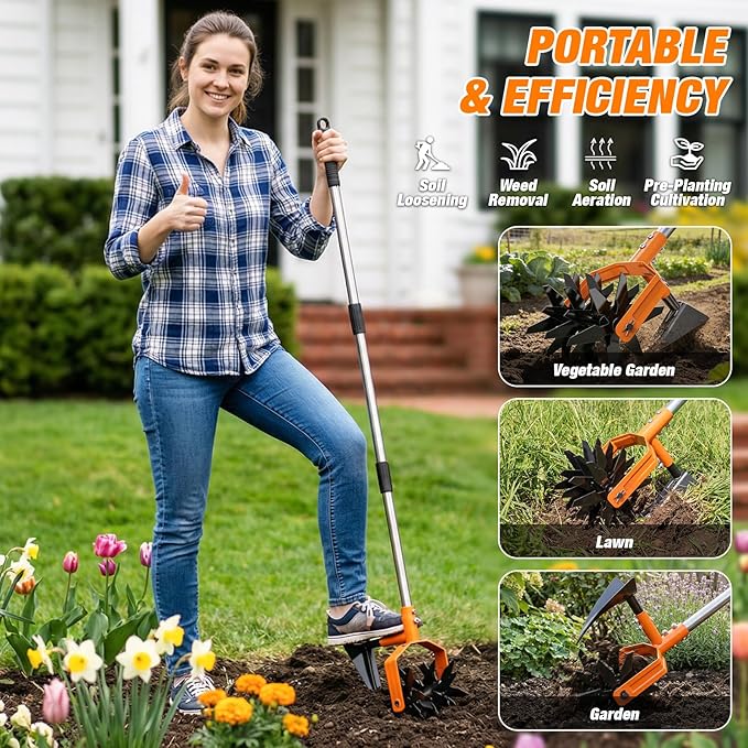GINMIC Hand Tiller Garden Cultivator, Garden Tiller with Upgrated Triangle Hoe and Adjustable Long Handle, 2-in-1 Weeder & Soil Aerator for Lawn Care, Cultivate, Plant, Reseed, Gardening Hand Tools