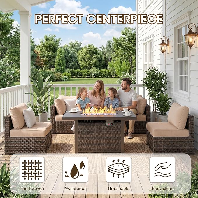 Grezone 7 Piece Patio Furniture Set with 44" Fire Pit Table, Outdoor Sectional Couch, PE Rattan Patio Conversation Sets with 4inch Cushions for Backyard Beige