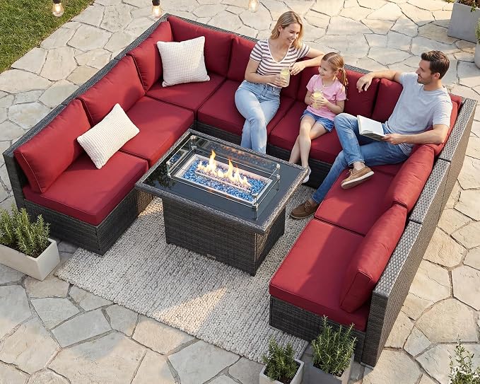 RADIATA 9 Piece Wicker Patio Furniture Set with Fire Pit, All-Weather Outdoor Sectional Couch High Back Large Size, Modular Backyard Seating Sofa Set with Propane/Natural Gas Firepit Table, Grey&Red