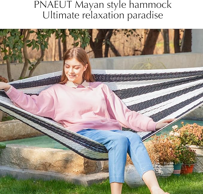 PNAEUT Handwoven Mayan Hammock, Thick Soft Rope Double Hammock for Outdoor Outside & Indoor, 600 lbs Capacity Heavy-Duty, Includes Tree Straps, Carabiners & Carrying Bag (Black and White, X-Large)