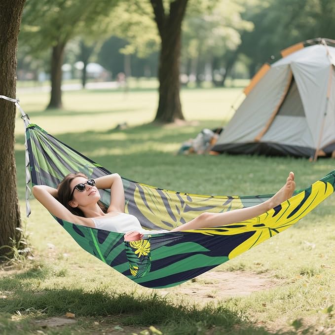 Tropical Leaves Illustration Green Hammocks with Hanging Rope Hanging Hammock for Indoor Outdoor Patio