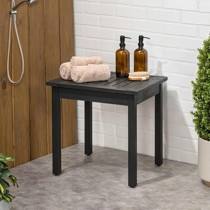 JONATHAN Y Archer 18" Square Acacia Wood Outdoor Side Table, Modern Glossy Black Slatted Patio End Table for Porch, Poolside and Garden, Weather Resistant Accent Table END6000B