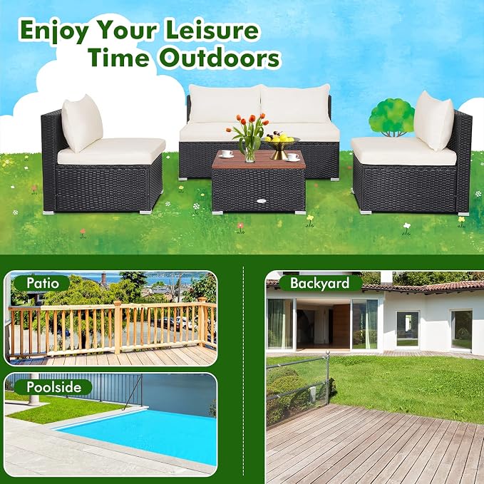 Tangkula 5 Piece Outdoor Patio Furniture Set, Patiojoy PE Wicker Conversation Set with Solid Acacia Wood Tabletop and Soft Cushions, Patio Sectional Sofa Furniture Set for Garden, Poolside (Off White)