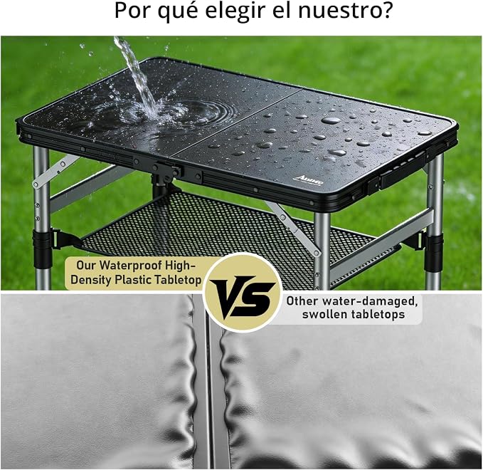 Anbte 2ft Small Plastic Folding Camping Table, Waterproof 3 Adjustable Height Portable Camping Table with Storage Net, Flat Tabletop, for Picnic Indoor Outdoor Travel Beach Patio, 22.8" X 15.7", Black