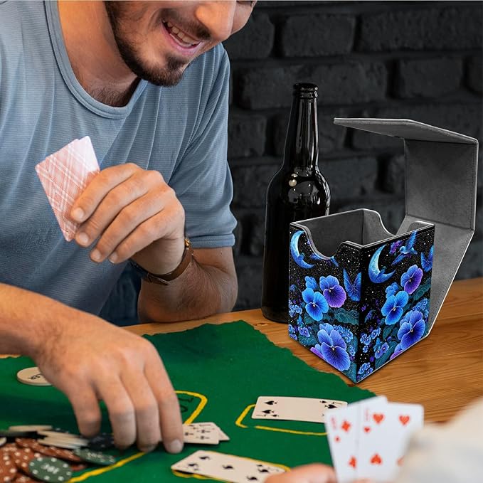 Deck Box for MTG, Cards Storage Box Fits 120+ Sleeved, Leather Medium Size Strong Magnetic Closing Card Case for Board Games Magic TCG CCG Baseball Collection, Blue Flower Bird
