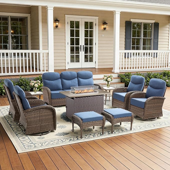 10-Piece Luxury Patio Furniture Set with 42.5" Fire Pit Table, Outdoor Wicker Sofa Couch & Swivel Rocker Chairs with 6-inch Thick Cushion, Conversation Set for Poolside, Deck & Yard - Blue