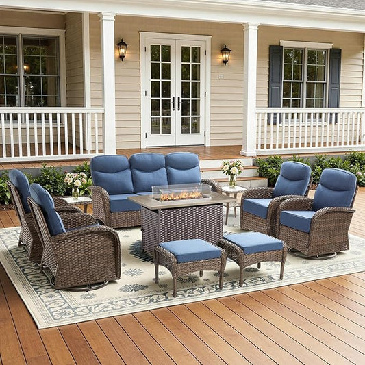 10-Piece Luxury Patio Furniture Set with 42.5" Fire Pit Table, Outdoor Wicker Sofa Couch & Swivel Rocker Chairs with 6-inch Thick Cushion, Conversation Set for Poolside, Deck & Yard - Blue