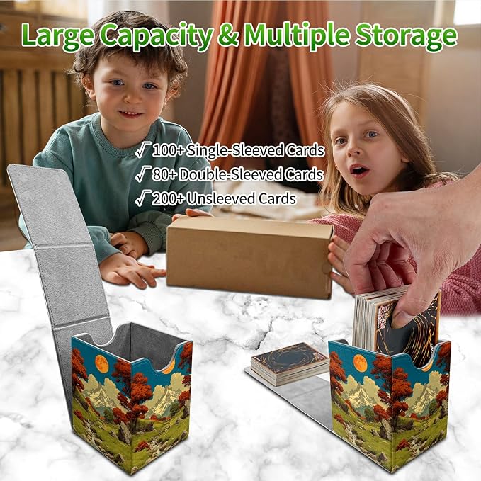Snow Mountain Moon Brook Card Deck Box for MTG, Personalized Card Storage Case Fits 120+ Sleeved Cards, Premium Leather TCG Box with Strong Magnetic Closure for Magic, PTCG, Baseball Cards