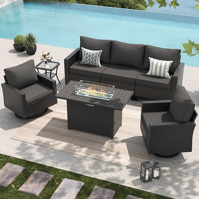 Amopatio Patio Furniture Set, 5-Piece Wicker Outdoor Sectional Sofa with Swivel Rocker Chairs, Rattan Conversation Set with Fire Pit Table and Waterproof Cover for Backyard Black/Dark Grey