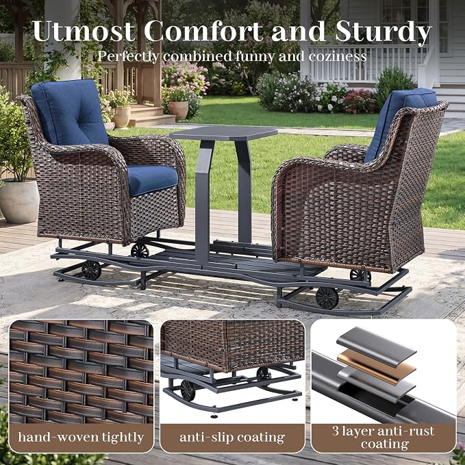 Rilyson Luxury Wicker Outdoor Conversation Set with Glider Rocker Chairs, 5 Pieces Patio Furniture Set with Rattan Swivel Rocker Chairs and Ottomans All Weather Brown/Blue