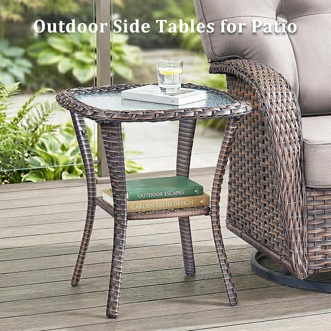 5 PCS Patio Furniture Set Outdoor Sectional Sofa Couch with Rocking Swivel Chairs 5" Deep Seat Chairs, Modern Wicker Rattan Conversation Set, Beige/Brown Wicker