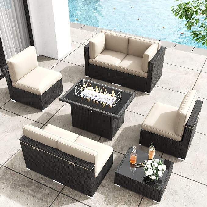 Patio Furniture Set with Fire Pit Table, 8 Pieces Outdoor All-Weather Wicker Conversation Sectional Chair Sofa Set