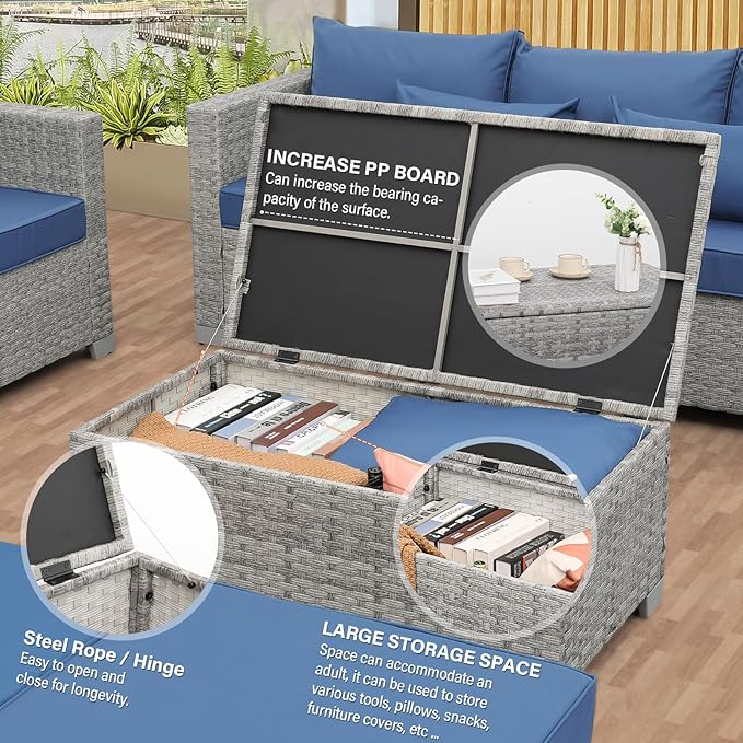 WAROOM Patio Furniture Set 7 Piece Grey Wicker Outdoor Conversation Sets PE Rattan Sectional Sofa with Storage Coffee Table and Anti-Slip Navy Blue Cushion