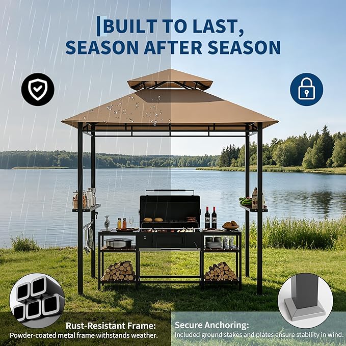 Garvee 8' x 5' Outdoor BBQ Grill Gazebo, Double-Tiered Vented Patio Canopy Tent with 2 Side Shelves for Cooking and Outdoor Entertaining