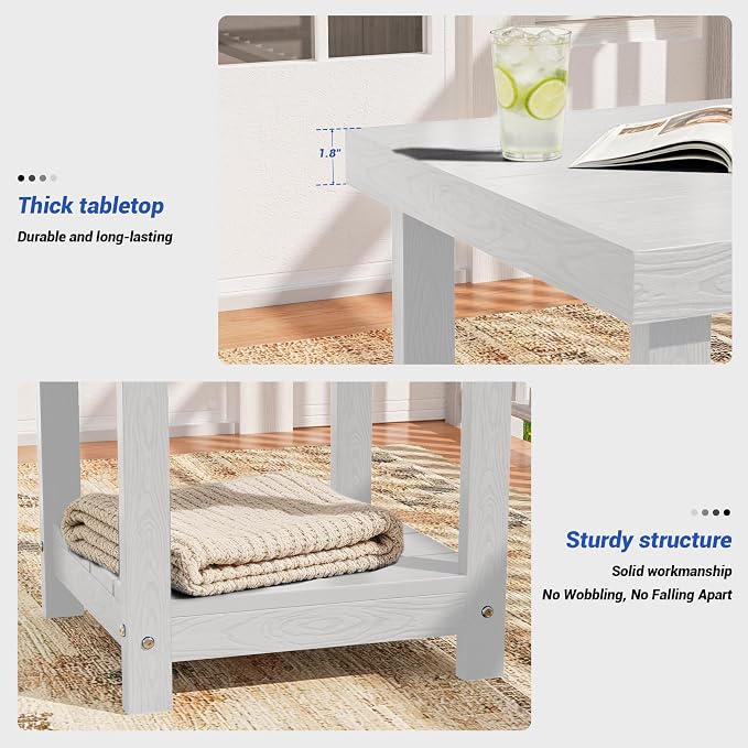 2-Tier HDPE Outdoor Square Side Table, Heavy-Duty Patio Side Table with Storage Shelf, Weather-Resistant Adirondack End Tables for Backyard, Pool, Porch, Garden, Lawn, White