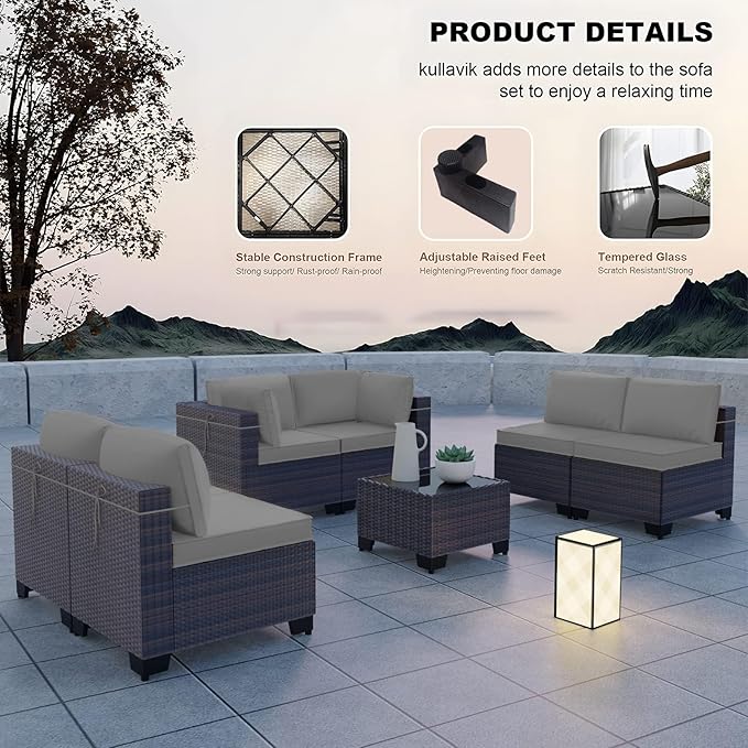 Kullavik 10PCS Outdoor Patio Furniture Set,PE Wicker Rattan Sectional Sofa Patio Conversation Sets with Tempered Glass Table,Swivel Rocking Chairs Set,Grey