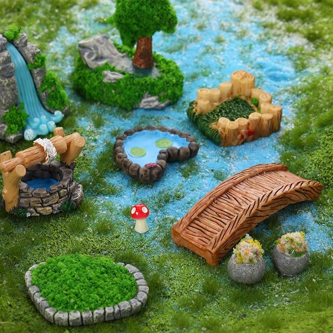 Mini Fairy Garden Accessories, Miniature Landscape Decorations Included Mini Bridge Pond Water Well for DIY Craft Lawn Pond Decor