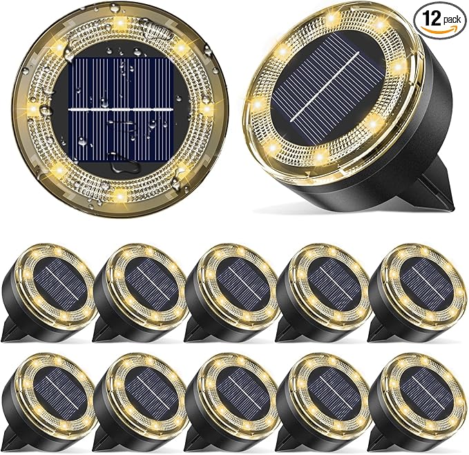 vighep Mini Solar Ground Lights, 12 Pack Solar Lights Outdoor Waterproof, Upgraded LED Flat Landscape Lighting for Outside Pathway Garden Patio Yard Driveway,Warm White
