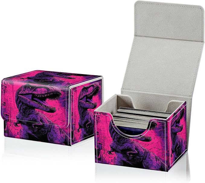 Card Deck Box for MTG, Cards Storage Box Fits 120+ Sleeved, Leather Small Size Strong Magnetic Closing Card Case for Board Games Magic TCG CCG Baseball Collection, Pink Dinosaur