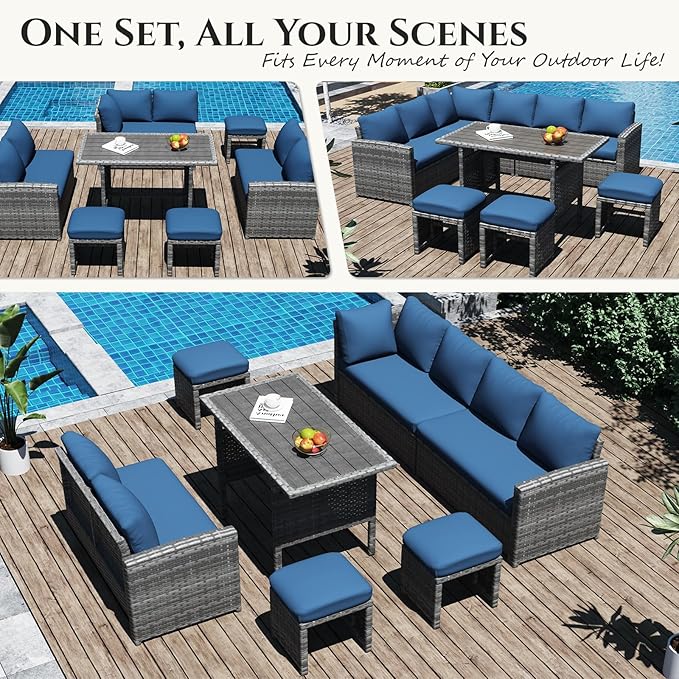 U-MAX 7 Pieces Patio Furniture Set, Outdoor Sectional Sofa Conversation Set, All Weather Wicker Rattan Dining Table & Chair with Ottoman, Grey Rattan&Dark Blue Cushion