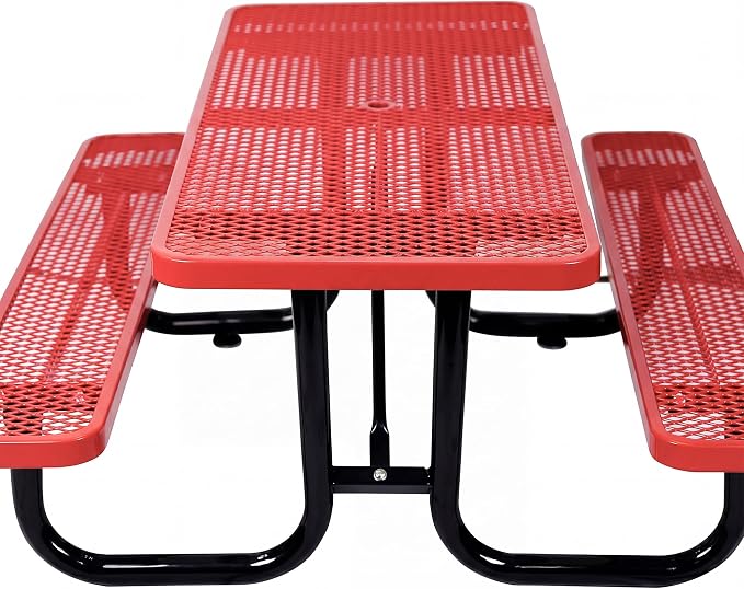 Heavy Duty Picnic Table for Outdoor 1400 lbs Load All Metal Camping Table with Umbrella Hole up to 1.5", Rectangle Dining Table for Commercial Picnic Table with Benches, Red
