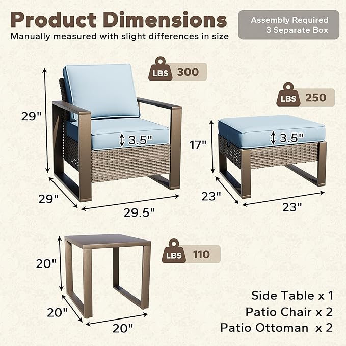 5 Pieces Metal Wicker Patio Furniture Set - Two Armchairs and Two Ottomans, One Side Table, All Weather Rattan Outdoor Conversation Furniture with Washable Cushion for Deck Porch, Baby Blue
