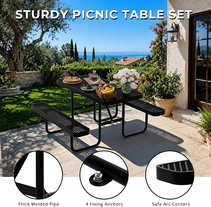 4FT Rectangular Steel Outdoor Picnic Table, Commercial Picnic Table Bench Set with Umbrella Hole, Weather-Resistant Heavy Duty School Dining Table for Stores, Park, Patio, Garden, Backyard, Black