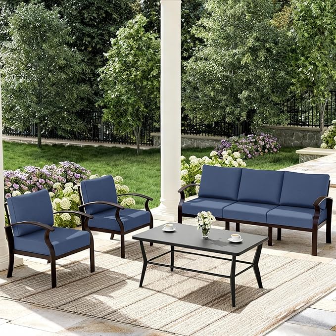 ALAULM Aluminum Patio Furniture Set with Coffee Table Rectangular，5-seat Outdoor Sectional Furniture w/Swivel Chairs，Patio Conversation Set for Porch, Backyard, Poolside-Dark Blue
