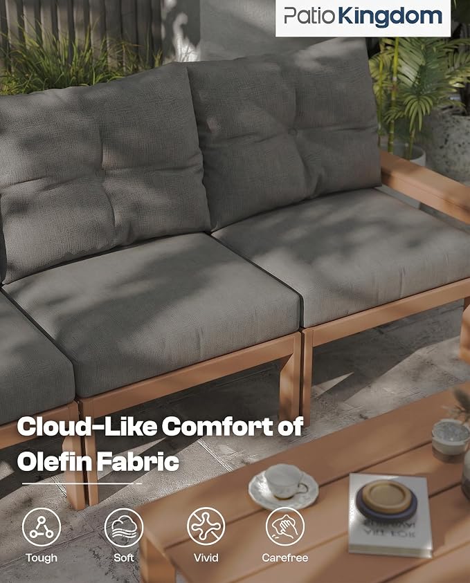 HDPE Outdoor Patio Furniture Set, 6-Piece Patio Conversation Sets with Coffee Table & Side Table & Grey Washable Thick Cushions, Outdoor Sofa for Balcony, Porch, Poolside (Teak Frame)