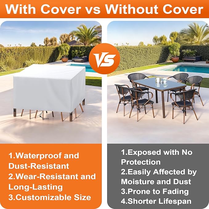 Patio Furniture Cover Rectangle 80"(L) x 48"(W) x 30"(H), Custom Heavy Duty 420D Waterproof Outdoor Cover with Drawstring & Buckles for Table Chair Garden, Silver