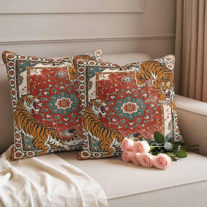 Tiger Print Outdoor Pillow Covers 16"x16" Set of 2, Boho Vintage Animal Orange Red Floral Geometric Waterproof Throw Pillow Covers for Patio Furniture, Decorative Cushion Covers for Porch