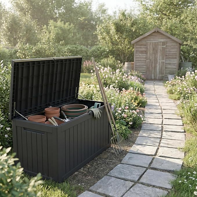 FEFLO 230 Gallon Outdoor Storage Box, Waterproof & Dustproof Resin Deck Box | with UV-Resistant & Lockable Lid, Heavy-Duty Weatherproof Outside Storage Box for Garden Tools, Pool Accessories, Toy