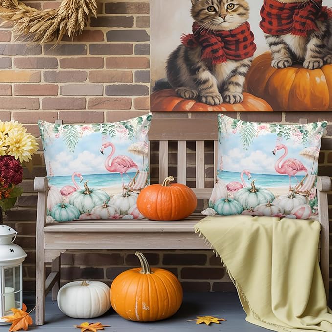 Coastal Fall Throw Pillow Covers 16x16 Inch Set of 2, Thanksgiving Waterproof Outdoor Pillow Covers, Flamingo Pumpkins Eucalyptus Decorative Cushion Pillowcases for Couch, Sofa, Bed, Garden, Patio