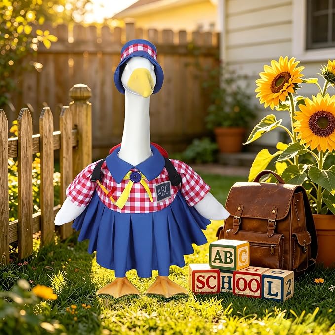 Back to School Porch Goose Outfit Fits 23'' Plastic/Cement Statue | Goose Outfits Back to School with Schoolbag, Pencil and ABC Chalkboard, Classroom Outdoor Garden Patio Yard Lawn Decoration