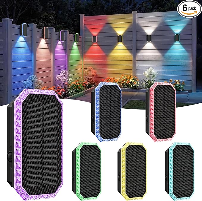 TECKNET Solar Fence Lights Outdoor 6 Pack with Bi-Directional, Uplight & Downlight, Solar Powered Fence Wall Lights Waterproof IP67 8 Colors & RGBW Dynamic Cycling for Outdoor/Patio/Porch/Pool Cage