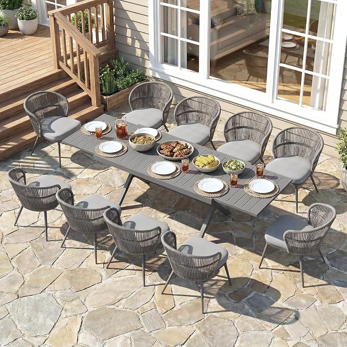 SUNSITT 11 Piece Outdoor Patio Dining Set, 65" - 107" Metal Expandable Outdoor Dining Table with X-Shape Legs, 10 Woven Wicker Outdoor Patio Chairs w/Removable Cushions for Garden, Dark Grey