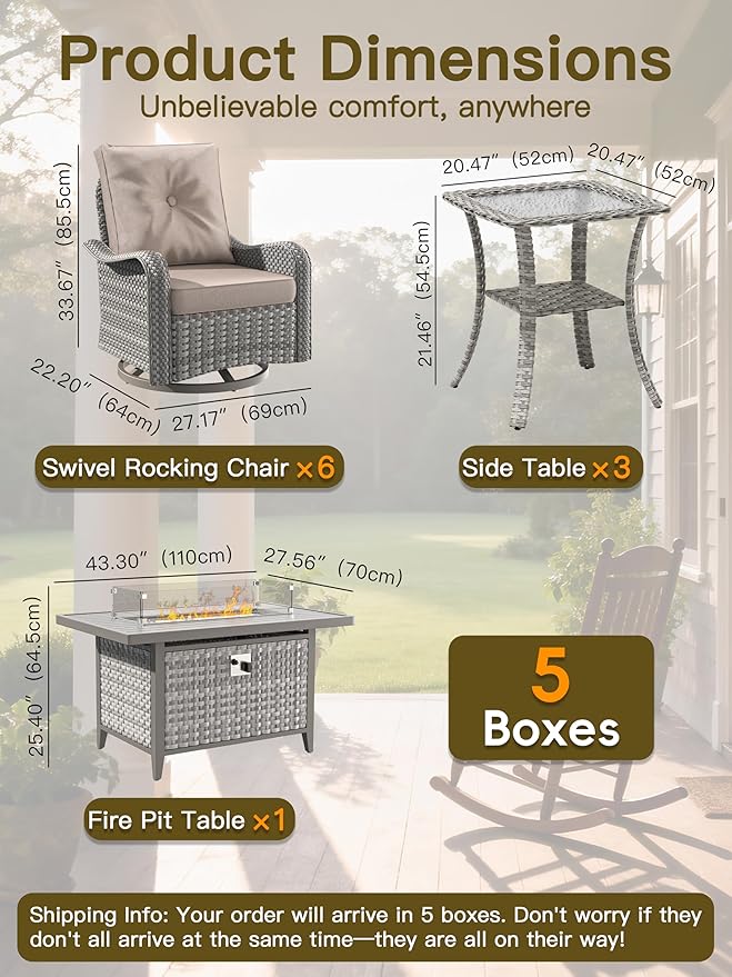 10-Piece Outdoor Conversation Set with 43" Fire Pit Table, 6 Swivel Rocking Chairs (4" Cushions) & 3 Side Tables, All-Weather PE Rattan & Steel Frame for Porch, Deck, Backyard, Beige