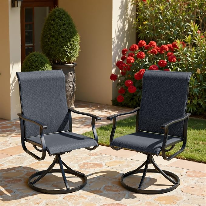 Crownland Outdoor Swivel Dining Chair Set of 2, All Weather 360° Swivel Rocking High Back Model Patio Dining Chairs, Textilene Fabric Wrought Iron Chair Set for Backyard, Lawn, Garden(Black)