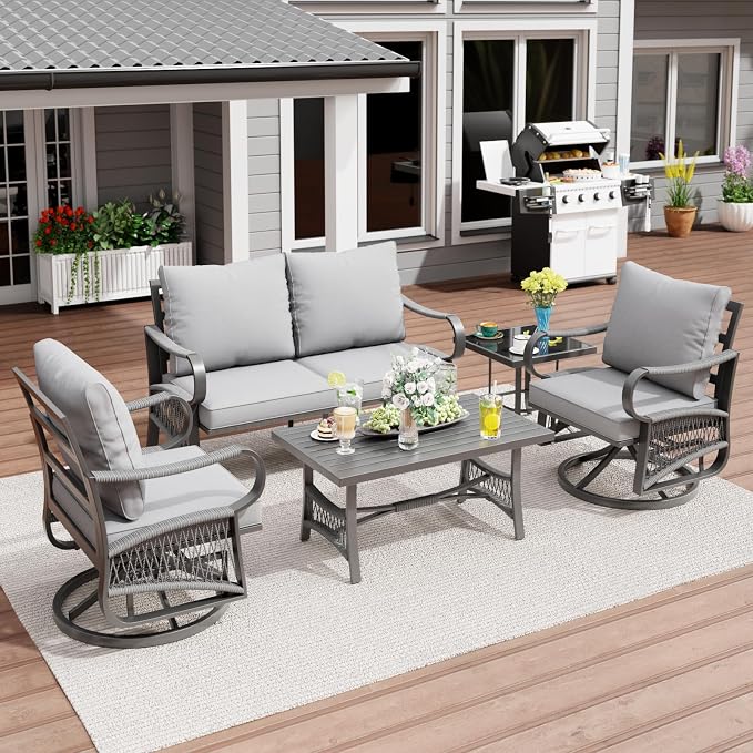 5 Piece Patio Furniture Set, Outdoor All Weather Conversation Sofa Set with 2 Swivel Chairs, Rope Braided Design and Thick Cushions for Garden, Porch, Lawn, Grey