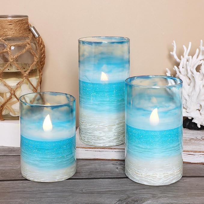 Blue Flickering Flameless Candles with Remote - Glass Battery Operated LED Pillar Candles for Beach/Coastal Theme Wedding Decorations (Set of 3)
