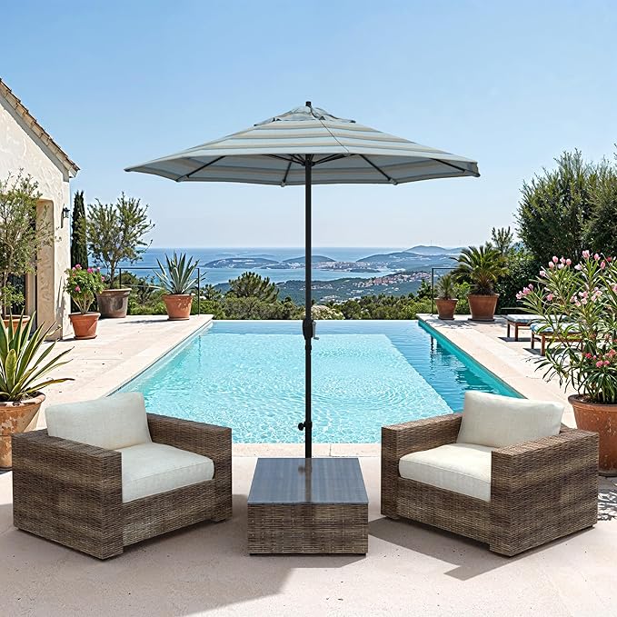California Umbrella 12-Year Protection 7.5-Ft Outdoor Patio Umbrella, Sunbrella Fade-Resistant Fabric, Auto-Tilt, Heavy Duty Aluminum Frame, 8 Reinforced Ribs for Pool or Deck, Black Pole, Gateway Mist