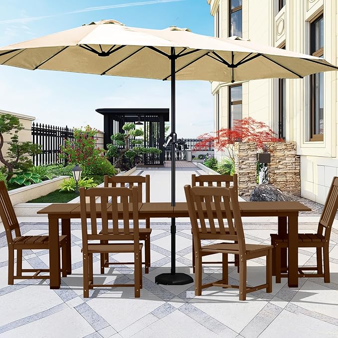 LOUNZY 7 Pieces Patio Dining Sets, Outdoor HDPE Furniture Set for 6 w/ 2" Hole Cut-Out Dining Table with 6 Armless Patio Chairs for Pool, Lawn and Garden,Brown