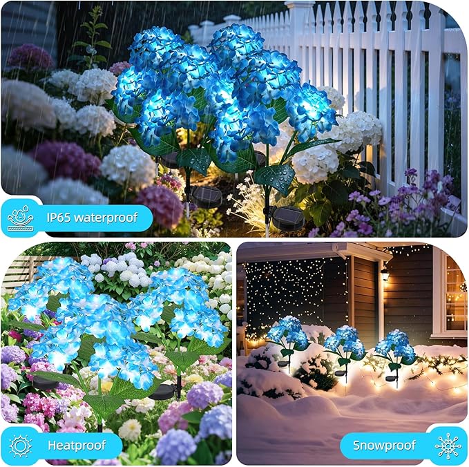 Solar Path Lights Outdoor 4 Pack, LED Blue Hydrangea Flower Decor, Waterproof Auto On/Off, Bigger Solar Panel for Yard, Patio, Garden Walkway Decoration Gift for Mom (Blue)