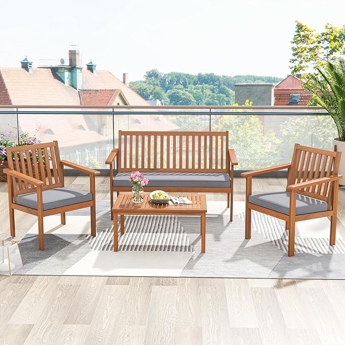 Tangkula 4 Piece Patio Wood Furniture Set, Acacia Wood Sofa Set w/Loveseat, 2 Chairs & Coffee Table, Soft Seat Cushions, Outdoor Wood Furniture Set for Porch, Yard, Balcony (Gray)