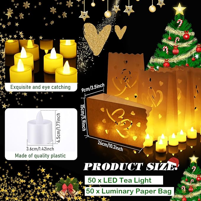 Sabary 50 Sets Luminary Bags with Flameless Tea Lights Outdoor Luminaries LED Lantern Candle Bags for Wedding Birthday Ramadan Christmas Party Decorations Romantic Decor(Romantic Heart)