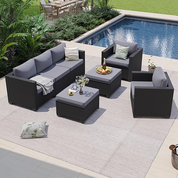Aoxun Patio Furniture Set, 5 Piece Outdoor Sectional Sofa with Ottomans, Wicker Outdoor Furniture Conversation Sets with Waterproof Cover for Backyard Grey