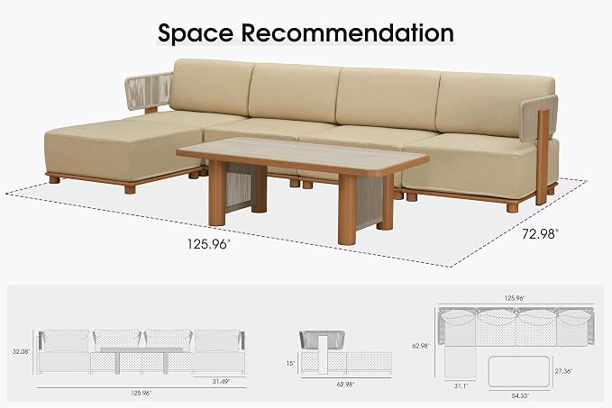 PURPLE LEAF Patio Furniture Set Modular L-Shaped Outdoor Sectional Sofa with 11" Thick Olefin Cushion 6-Piece Outdoor Conversation Set with Ottoman and Table for Backyard Garden Poolside, Beige