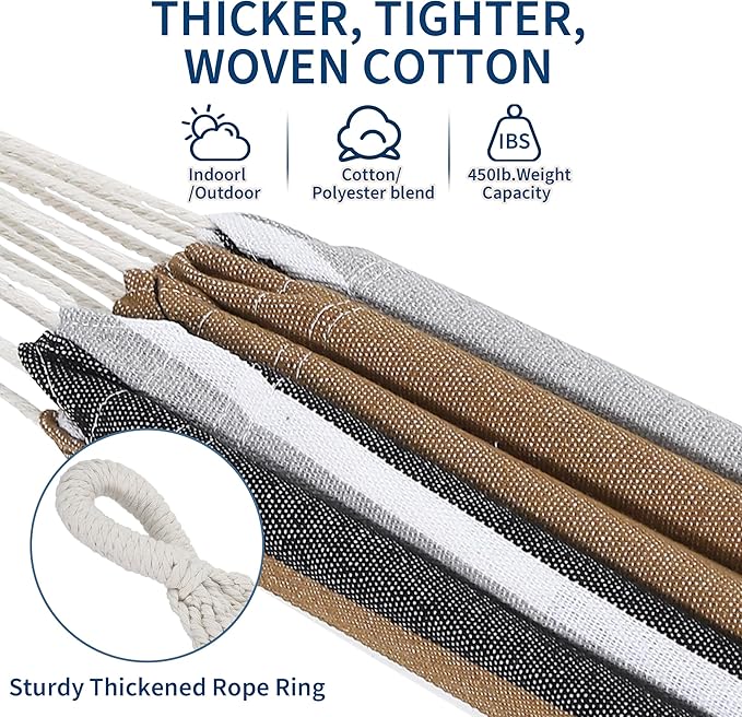 Double Hammock with Stand - Heavy Duty 450lbs Capacity, Portable Cotton Hammock for Two Adults, Indoor & Outdoor Use with Travel Bag(Coffee)
