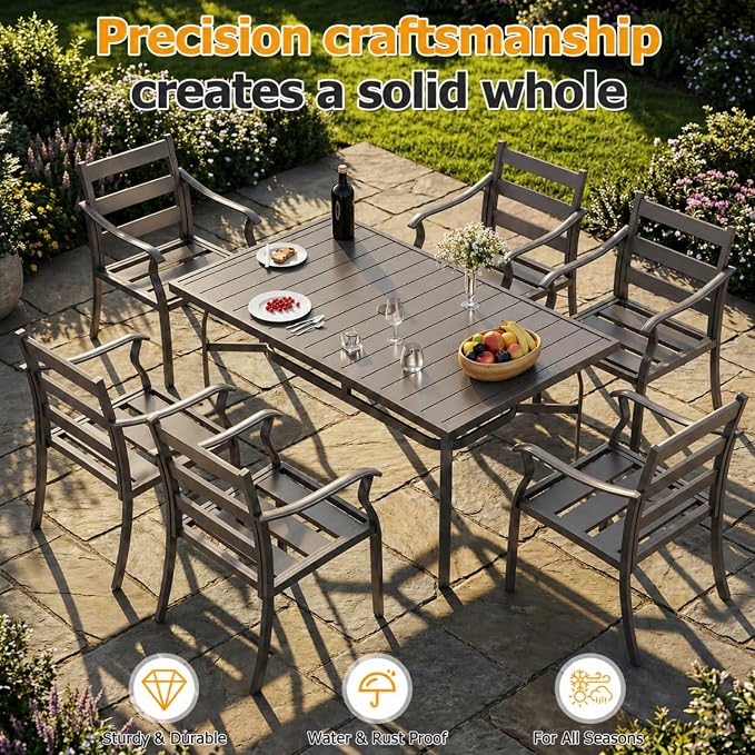 EROMMY 7-Piece Outdoor Patio Dining Set for 6, 6 Metal Slat Chairs & Rectangular Table with Umbrella Hole, Heavy-Duty Patio Furniture for Backyard, Deck and Garden
